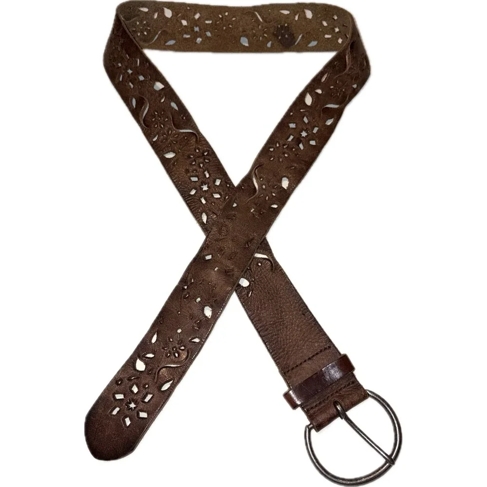 Vintage Y2K Boho Floral Laser Cut Brown Leather Belt 32-36in M/L